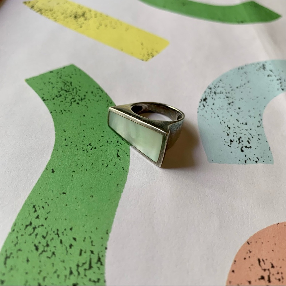 Mother of Pearl Inlay Cuff Bracelet Silver Statement Ring Set - Picture 6 of 12